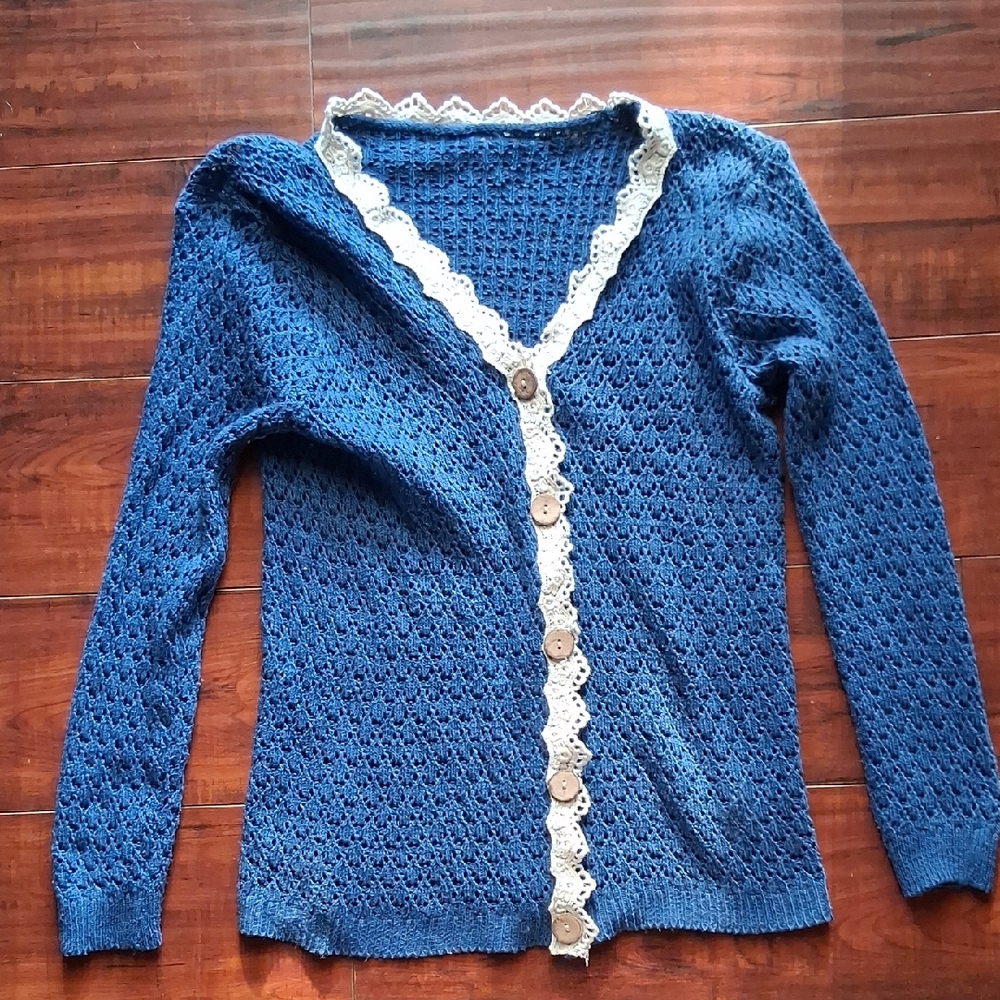Blue Lace Trim Cardigan Sweater